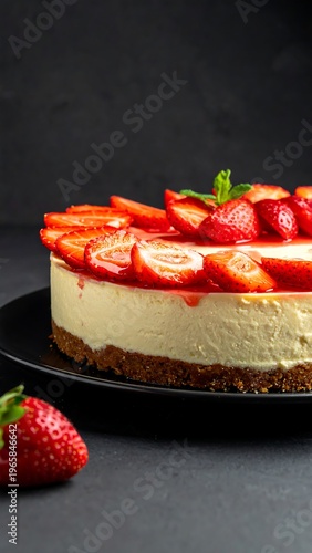Close-up of strawberry cheesecake on a black plate, with mint