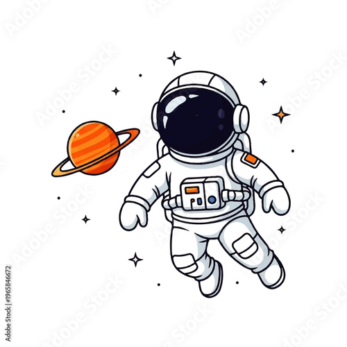 Vector Flat Design Illustration of a cute astronaut floating in space near a planet with stars