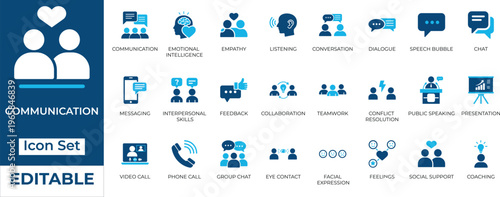 Editable communication and soft skills vector icon set. Features teamwork, empathy, digital messaging, and business presentation icons in flat design.