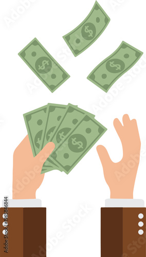 Hands Throwing Dollar Bills Upward, Financial Success and Money Tossing Concept Flat Design Vector Illustration
