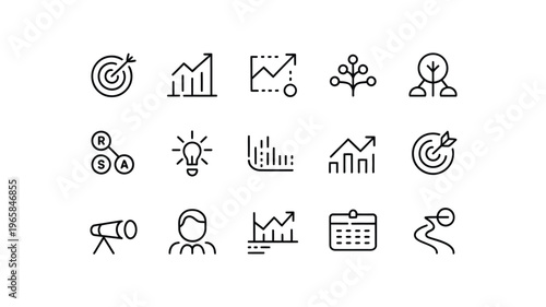 An array of black linear icons representing business growth strategy and data analysis concepts