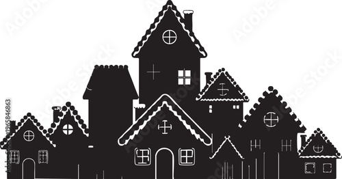 Black silhouette of a village with several houses and a tall tower