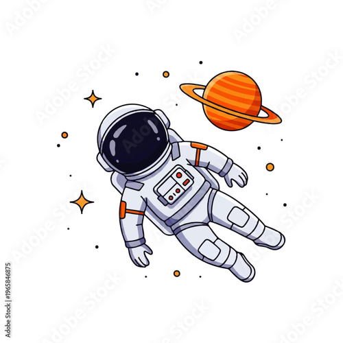 Vector flat design illustration of a cute astronaut floating in space near a colorful planet and stars