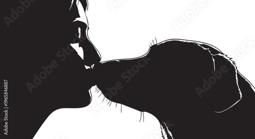 Black silhouette of a woman kissing a dog on the nose white background