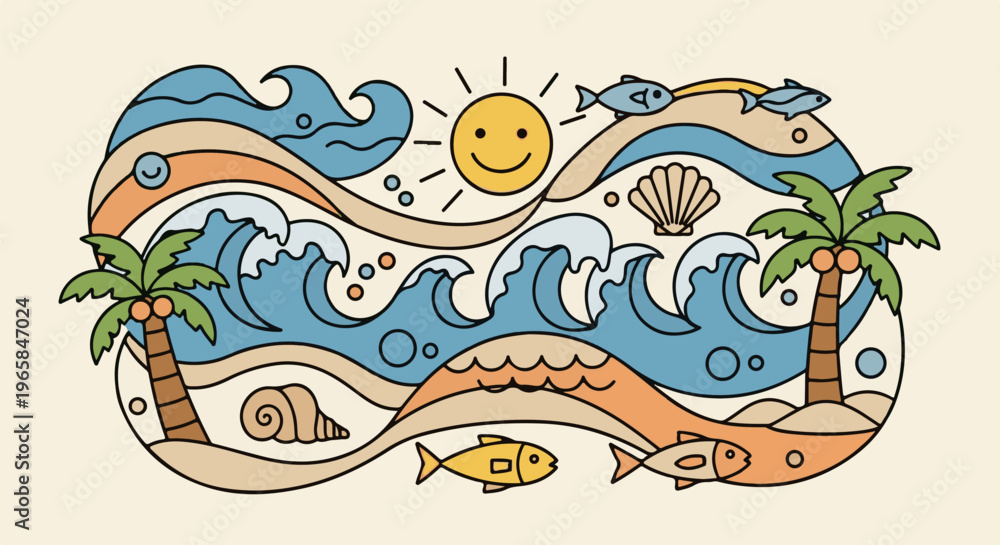 Naklejka premium Stylized beach scene with smiling sun, palm trees, waves, fish, and shells
