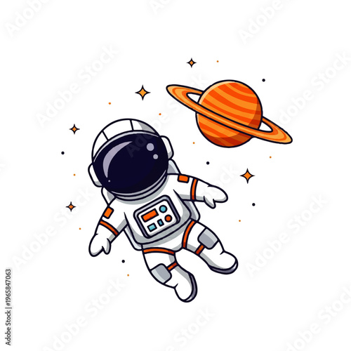 Vector flat design illustration of a cute astronaut floating in space near a ringed planet and stars