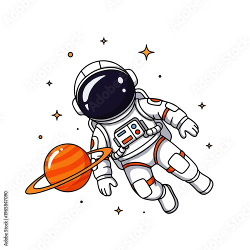 Vector Flat Design Illustration of an astronaut floating in space next to a ringed planet with stars