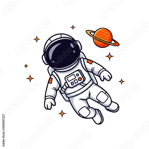 Vector flat design illustration of a cute astronaut floating in space near a ringed planet and stars