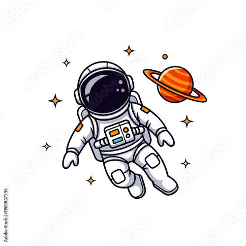 Vector flat design illustration of an astronaut floating in space near a colorful planet and stars