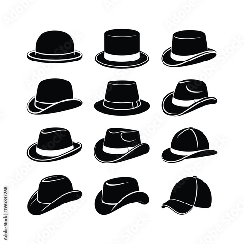 A set of black hat silhouettes on a green background