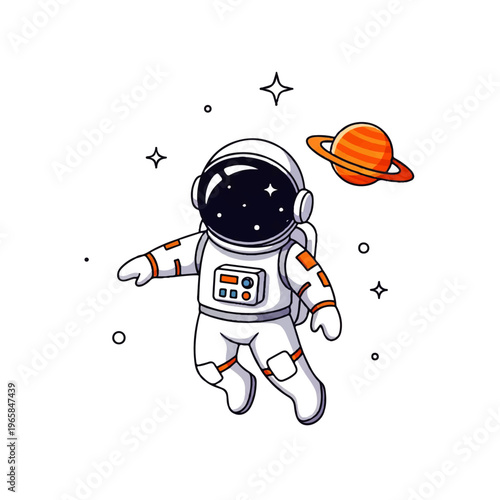 Vector flat design illustration of a cute astronaut floating in space with a planet and stars
