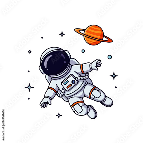 A vector illustration of an astronaut floating in space with a planet, stars, and a white background in a flat design style.
