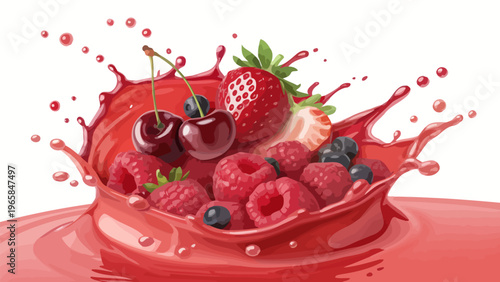 Mixed berries splashing in juice strawberries raspberries cherries blueberries fruit drink concept