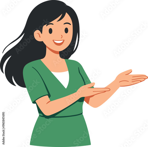 Smiling Young Woman with Long Black Hair Gesturing with Open Hands in Presentation Pose, Friendly Flat Cartoon Style vector illustration
