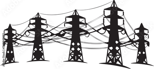 Black silhouette of five power transmission towers with wires electrical towers voltage