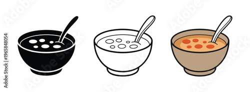 chili bowl icon with spoon, comfort food meal concept, warm homemade stew dish, hearty and cozy dining symbol, minimal modern vector illustration set.