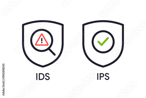 IDS and IPS cybersecurity icons with shield symbols, warning and protection indicators in clean minimalist style. Perfect for network security, intrusion detection, prevention systems, and tech UI.