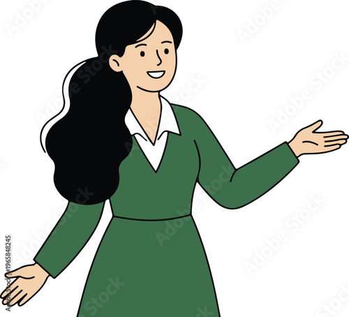 Friendly Young Woman with Long Black Ponytail Wearing Green Dress with White Collar and Open Arms in Welcoming Gesture, Flat Cartoon Style vector illustration
