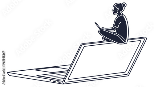 A sleek 3d electronic laptop with a blank monitor screen rests on an open office desktop alongside a mobile notebook computer and keyboard for business communication and wireless internet data work