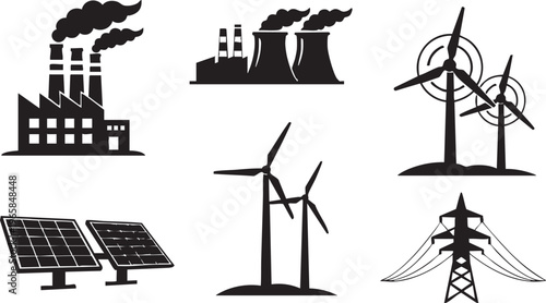 Black silhouette of industrial and renewable energy infrastructure factory power plant