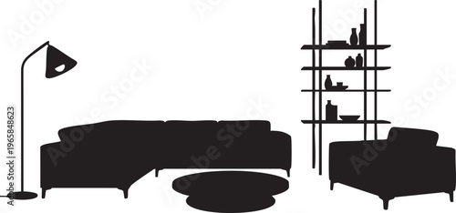 Black silhouette of living room furniture with couch chair shelves and lamp on white background