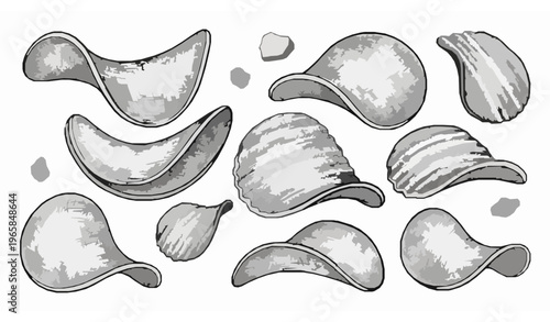Vintage hand drawn potato chips engraving style vector illustration set isolated on white background
