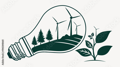 A vector illustration of a house in the forest featuring a wind turbine tower to generate renewable energy against a nature landscape sky