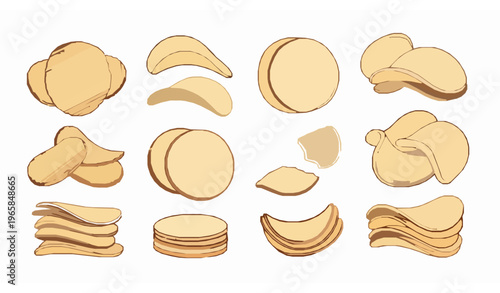 Hand drawn crunchy potato chips vector set with different shapes isolated on white background