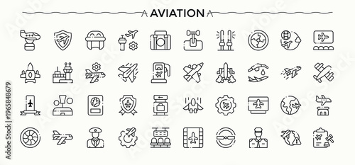 Aviation icon set. Featuring aircraft, air, air bus, transport, jet. Editable stroke. Transportation icon collection.