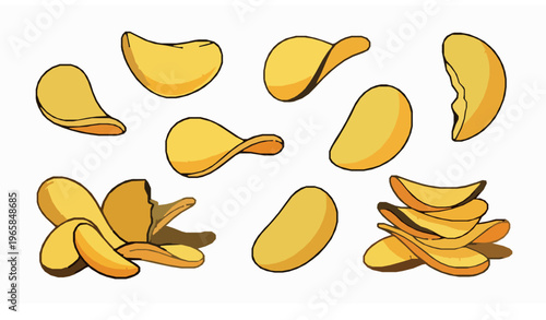 Cute doodle style crunchy potato chips cartoon vector set isolated on white background