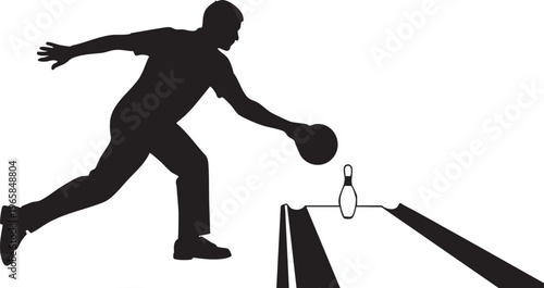 Black silhouette of man bowling with ball and pins