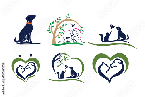 animal with pets dog and cat set silhouettes and colour logo design