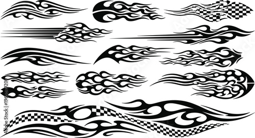 Set of black tribal flame decals and racing stripes with checkered flag patterns for car stickers, motorcycle graphics, vinyl cutting, and automotive design.