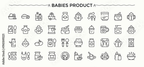 Babies Product icon collection. Vector outline icons collection. Nutrition icon set. Included nutrition, feeding, meal, baby food, nourishment and more.