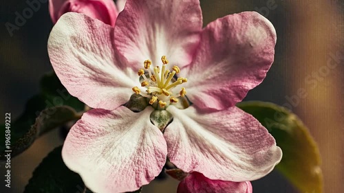 Delicate Pink Apple Blossom Flower with Detailed Petals and Stamen Macro Shot