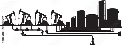 Black silhouette of oil pumps and industrial facilities with pipelines