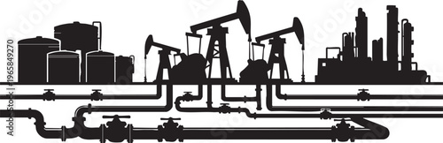 Black silhouette of oil rigs and industrial equipment with pipelines