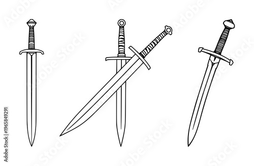 Roman gladius set with detailed black line art illustration depicting a classic scabbard, featuring sword, scabbard, blade design with ancient weapon and historical iconography