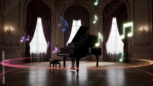 Grand piano illuminated in an opulent ballroom with green and blue light rings swirling around its base in this video.