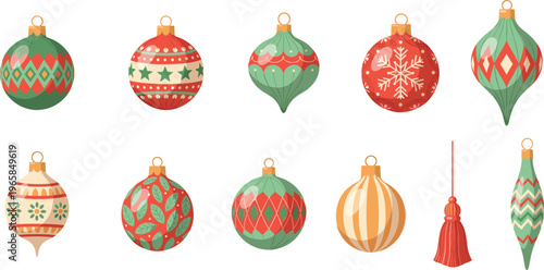 Set of colorful Christmas ornaments in red, green, and gold including patterned baubles, snowflake balls, and decorative holiday tassels for festive winter season design.