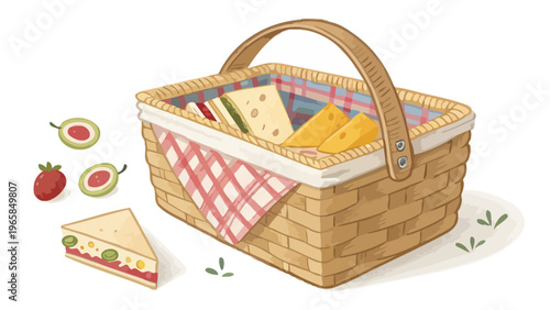 Woven picnic basket with fabric lining and food surrounded by sandwich strawberries and avocado on white background