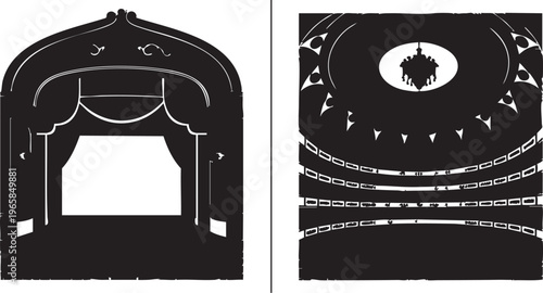 Black silhouette of theater stage archway and ceiling with chandelier white