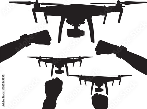 Black silhouette of three drones with propellers and cameras held by fists