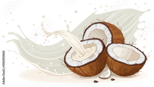 Coconut halves pouring creamy liquid with soft white splash on clean background for beverage or food concept