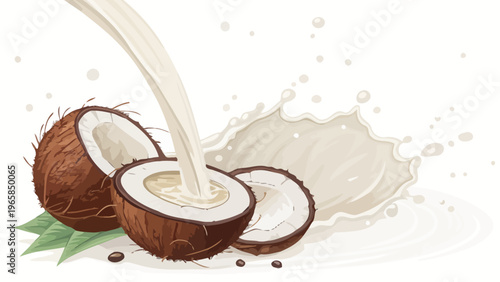 Coconut halves pouring creamy liquid with soft white background and green leaves