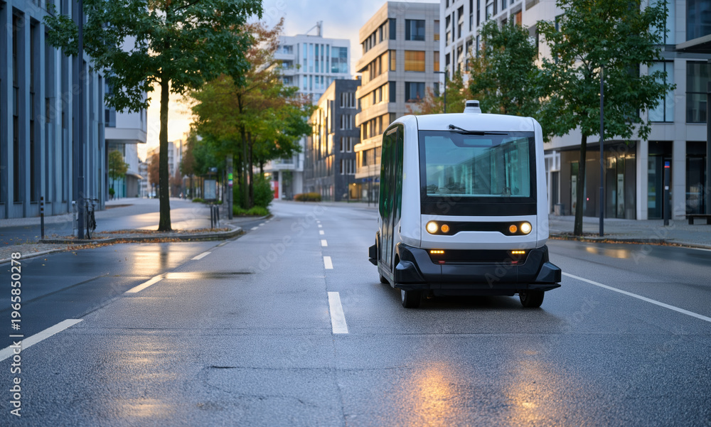 Fototapeta premium Autonomous shuttle on modern city street, future urban transport technology