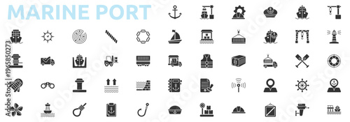 Marine Port icon set glyph style with anchor, port, engineer, captain, ship, crane, dock, harbor, lifebuoy, lighthouse, cargo, compass, radar icons