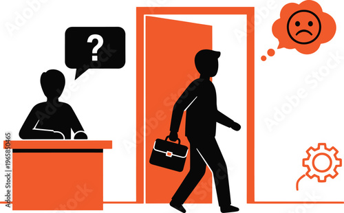 Employee leaving office with briefcase feeling sad unhappy thought bubble exit door