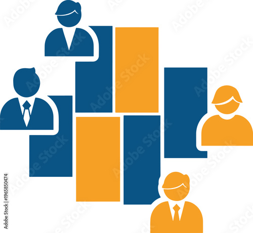 Team members and bar chart infographic for business data analysis and teamwork