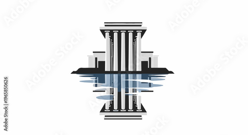 Stylized classical building with reflection in water